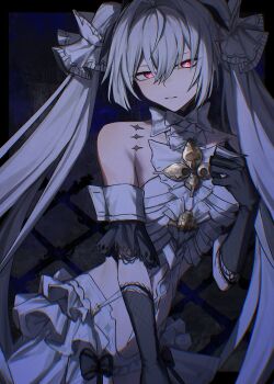 1girl absurdres arm_cuffs bare_shoulders black_gloves black_ribbon bow cross-shaped_pupils elbow_gloves frills gloves hair_between_eyes hair_intakes hair_ornament hair_ribbon hand_on_own_chest hand_up hashtag-only_commentary highres long_hair looking_at_viewer luna:_oblivion_(moonlight_soliloquy)_(pgr) luna_(pgr) parted_lips pink_eyes punishing:_gray_raven ribbon solo symbol-shaped_pupils takamatu_hajime twintails upper_body very_long_hair white_bow