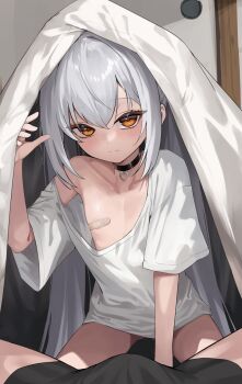 1boy 1girl ayase_shiho_(honashi) bandaid bandaids_on_nipples bare_shoulders bed_sheet blush choker collarbone flat_chest grey_hair hair_between_eyes hetero highres honashi loli long_hair off_shoulder orange_eyes original pasties shirt short_sleeves sidelocks white_shirt