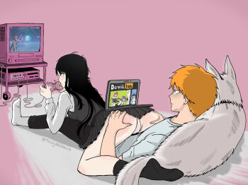 1boy 1girl ass black_hair black_pants black_socks brand_name_imitation chainsaw_man commentary controller crt denji_(chainsaw_man) dildo dog dress english_commentary eyepatch fourth_east_high_school_uniform game_console genshin_impact higashiyama_kobeni highres holding holding_controller makima_(chainsaw_man) meme mitaka_asa orange_hair panties pants pinafore_dress playing_games pleated_dress pornhub pornography quanxi_(chainsaw_man) reze_(chainsaw_man) school_uniform sex_toy short_dress sleeveless sleeveless_dress sloppy_blowjob_devil_(meme) socks strap-on tartaglia_(genshin_impact) television troymaheza underwear white_panties white_socks