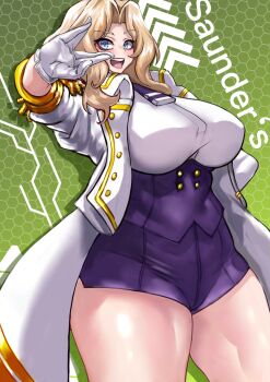 1girl arm_up blonde_hair blue_eyes bougainvillea_(unnryuu) breasts commentary corset cosplay cowboy_shot emblem english_text epaulettes girls_und_panzer gloves green_background grid_background gridman_universe hashtag-only_commentary highres huge_breasts jacket kay_(girls_und_panzer) long_hair looking_at_viewer mujina mujina_(cosplay) open_clothes open_jacket open_mouth parted_bangs purple_corset purple_shorts reaching reaching_towards_viewer revision salute saunders_(emblem) shirt short_shorts shorts sideways_glance smile solo ssss.dynazenon standing thick_thighs thighs vulcan_salute white_gloves white_shirt