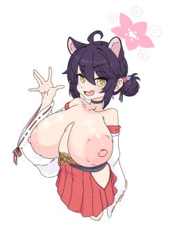 1girl ahoge alternate_breast_size_(larger) animal_ears bare_shoulders black_choker blue_archive blush breasts choker clothing_cutout detached_sleeves gentlyfluid hair_bun hair_ornament hakama hakama_skirt halo huge_breasts japanese_clothes kaede_(blue_archive) nipples open_mouth pink_halo plump purple_hair raccoon_ears red_hakama red_trim short_hair sidelocks skirt smile solo thigh_cutout thighs waving white_background white_sleeves wide_sleeves yellow_eyes