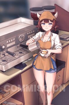 1girl animal_ears apron artist_name big_a_chan blue_eyes blurry blurry_background blush bob_cut breasts brown_apron brown_hair brown_hat closed_mouth coffee coffee_beans coffee_mug commission commissioner_upload counter cow_ears cow_horns cream cup denim denim_shorts depth_of_field dress_shirt espresso_machine hat highres horns jewelry looking_at_viewer medium_breasts mug original pouring shirt short_hair shorts sleeves_rolled_up smile solo spoon trash_can tsubenn twitter_username visor_cap watermark weighing_scale
