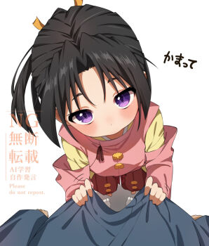 Rule 34 | 2boys, androgynous, black hair, blush, commentary request, from above, highres, houjou tokiyuki (nige jouzu no wakagimi), looking at viewer, male focus, multiple boys, nige jouzu no wakagimi, pov, purple eyes, rame angel71, simple background, standing, watermark, white background