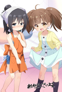 2girls ahoge apron bemani bikini bikini_under_clothes black_eyes black_hair black_socks blue_dress blush brown_eyes brown_hair clenched_hands clothes_lift commission cosplay costume_switch crossover cutoffs denim denim_shorts dress dress_lift hair_bun hand_on_own_chest highres kneehighs lifting_own_clothes long_hair marui_hitoha mitsudomoe_(manga) mogura2009 multiple_girls open_mouth orange_apron shirt short_shorts shorts side-tie_bikini_bottom skeb_commission smile socks sound_voltex standing striped_bikini striped_clothes swimsuit thighs twintails yamashina_kanade yellow_shirt