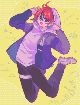 1boy :d adjusting_hood ahoge arms_up artist_name black_pants black_streaks blue_eyes commentary drawstring grey_jacket highres hood hood_up hoodie jacket jacket_over_hoodie jumping looking_at_viewer male_focus multicolored_hair multicolored_jacket open_clothes open_jacket open_mouth pants red_hair ringed_eyes shoes short_hair smile solo streaked_hair sumino_takumi sunodadada the_hundred_line_-last_defense_academy- two-tone_jacket white_hoodie white_shoes yellow_background