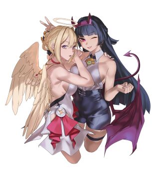 2girls ;) absurdres alternate_costume angel aragiken astra_yao bare_shoulders black_hair black_shorts blonde_hair blunt_ends braid braided_bun breasts collared_shirt commentary cropped_legs demon_girl demon_tail dress evelyn_chevalier fake_tail fake_wings hair_bun hairband high-waist_shorts highres large_breasts long_hair looking_at_viewer mole mole_under_eye multiple_girls one_eye_closed purple_eyes red_eyes shirt shirt_tucked_in short_hair shorts sleeveless sleeveless_dress sleeveless_shirt smile tail thigh_strap uneven_bangs v white_background white_dress wings zenless_zone_zero
