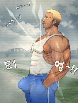 Rule 34 | 1boy, adam's apple, bandaid, bandaid on face, bandaid on nose, bara, beard stubble, biceps, blonde hair, blue pants, blurry, blurry background, bracelet, brown eyes, bulge, cigarette, coco342, covered abs, ear piercing, earrings, eyebrow cut, facial hair, gradient hair, hand in pocket, highres, jewelry, korean text, large pectorals, large variant set, male focus, multicolored hair, muscular, muscular male, mustache stubble, nipples, original, outdoors, pants, pectorals, piercing, scar, scar on arm, scar on face, short hair, sidepec, smoking, solo, stubble, tank top, time stop, track pants, translation request, variant set, veins, white tank top