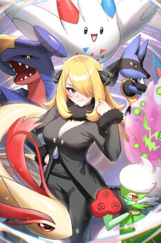 1girl absurdres black_coat black_pants black_shirt blonde_hair breasts burnt_green_tea cleavage closed_mouth coat cynthia_(pokemon) fur-trimmed_sleeves fur_collar fur_trim garchomp gen_2_pokemon gen_3_pokemon gen_4_pokemon hair_ornament hair_over_one_eye hand_on_own_hip highres large_breasts looking_at_viewer lucario milotic nintendo pants pokemon pokemon_(creature) pokemon_dppt roserade shirt smile spiritomb togetic