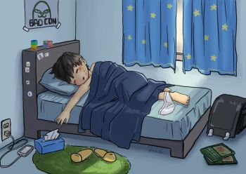 1boy backpack bag barefoot bed bedroom black_hair blanket briefs briefs_around_leg charging classic_fly_briefs curtains dated electrical_outlet highres implied_masturbation indoors lying male_focus male_underwear male_underwear_around_leg masturbation mesotane on_side original poster randoseru rubik's_cube rug shota sleeping slinky slippers sweat tissue_box underwear underwear_around_leg white_briefs white_male_underwear window