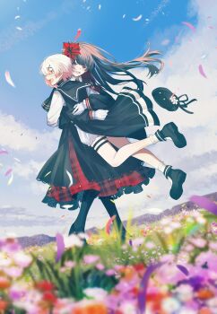 2girls absurdres black_dress black_hair black_pantyhose bloomers bow dress field flower flower_field gloves hair_bow hair_ornament hat highres hug long_hair long_sleeves mahou_shoujo_no_majo_saiban multicolored_hair multiple_girls nikaido_hiro open_mouth outdoors pantyhose petals pink_hair ritzchrono sakuraba_ema shirt short_hair sky socks thigh_strap underwear unworn_headwear white_gloves white_shirt