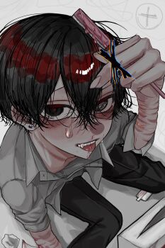 Rule 34 | 1boy, :p, @ @, aegyo sal, bandaid, bandaid on arm, black eyes, black hair, blood, collared shirt, commentary, crossed bangs, double-parted bangs, eyebrow razor, fang, feet out of frame, from above, hair between eyes, highres, holding razor blade, hosikage4040, looking at viewer, male focus, nosebleed, original, razor blade, scar, scar on arm, self-harm, shirt, short hair, sitting, solo, tears, textless version, tissue box, tongue, tongue out, untranslatable commentary, variant set, wariza, white shirt, wrist cutting