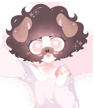 1boy :3 animal_ears black_hair blunt_bangs blush dog_ears dreamalgia elliott_kinoshita eyelashes fairy_kei fluffy_hair heart heart-shaped_pupils highres lips male_focus original pale_skin pastel_goth redrawn scar shirt short_hair smile solo symbol-shaped_pupils trap yume_kawaii