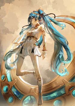 1girl absurdres arkilide armlet bare_shoulders barefoot blue_eyes blue_hair breasts cleavage commentary english_commentary gold_bra hair_belt highres iuno_(wuthering_waves) jewelry laurel_crown leg_wrap long_hair medium_breasts signature solo thighlet thighs twintails vambraces very_long_hair wuthering_waves