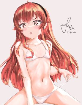 1girl absurdres ahoge bikini bikini_bottom_lift black_hairband blush breasts collarbone commentary english_commentary eris_greyrat grey_background hairband highres lifting_own_clothes loli long_hair looking_at_viewer mimai mushoku_tensei navel open_mouth red_eyes red_hair signature simple_background sitting small_breasts solo spread_legs string_bikini swimsuit twitter_username v-shaped_eyebrows white_bikini