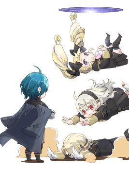 2boys 2girls black_bow black_hairband black_legwear blonde_hair blue_hair bow brother_and_sister circlet female_corrin_(fire_emblem) cosplay elise_(fire_emblem) fire_emblem fire_emblem:_three_houses fire_emblem_fates garreg_mach_monastery_uniform gloves hair_bow hairband long_hair long_sleeves male_byleth_(fire_emblem) multicolored_hair multiple_boys multiple_girls nintendo open_mouth pointy_ears portal_(object) purple_eyes purple_hair red_eyes robaco short_hair siblings simple_background twintails white_background white_gloves white_hair xander_(fire_emblem)