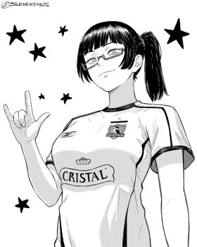 1girl \m/ breasts cerveza_cristal colo_colo commentary_request from_below glasses highres instagram_username jujutsu_kaisen large_breasts new_balance ponytail semi-rimless_eyewear seveninks shirt smile soccer_uniform solo spanish_commentary sportswear star_(symbol) t-shirt under-rim_eyewear upper_body zen'in_maki