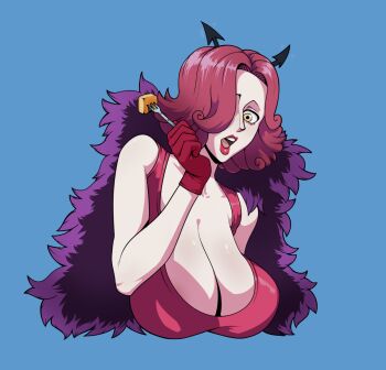 breasts charlotte_galette devil food fork highres horns one_piece red_hair resident_drawfriend surprised