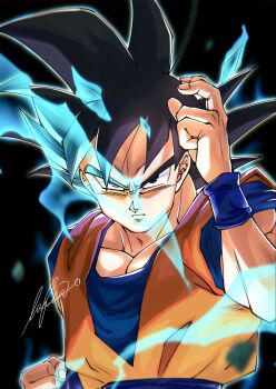 1boy aura black_background black_eyes black_hair blue_eyes blue_hair blue_sash blue_shirt blue_wrist_cuffs commentary_request dragon_ball dragon_ball_super fighting_stance highres lafia_db medium_hair muscular muscular_male orange_shirt sash shirt solo son_goku spiked_hair super_saiyan super_saiyan_blue upper_body wrist_cuffs