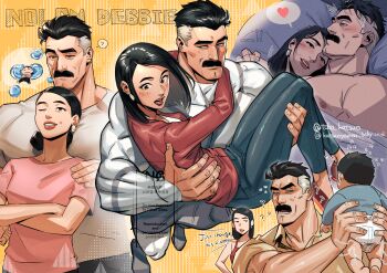 Rule 34 | 1girl, 2boys, ?, aged down, artist name, baby, behind another, black eyes, black hair, blue eyes, blush, bodysuit, carrying, carrying baby, carrying person, cleft chin, commentary request, couple, cuddling, debbie grayson, denim, diaper, english text, facial hair, family, father and child, father and son, flying sweatdrops, grey hair, hand on another's shoulder, heart, hetero, highres, husband and wife, implied after sex, invincible (series), jitome, long sleeves, looking at another, mark grayson, mature male, mother and child, mother and son, multicolored hair, multiple boys, multiple views, muscular, muscular male, mustache, nipples, nolan grayson, one eye closed, parent and child, pink shirt, princess carry, shirt, short hair, short sleeves, spoken heart, spoken question mark, sweatdrop, tobo katsuo, topless male, two-tone hair, white bodysuit, white shirt, yellow background