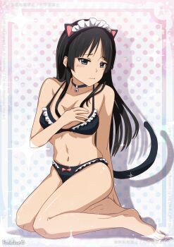 1girl akiyama_mio animal_ear_hairband animal_ears artist_name barefoot bell bikini black_bikini black_eyes black_hair blush breasts cat_ear_hairband cat_ears cat_tail collarbone commentary_request fake_animal_ears frilled_bikini frills full_body hairband hand_on_own_chest hand_up highres k-on! kneeling long_hair maid maid_bikini maid_headdress medium_breasts medium_hair navel neck_bell pout puchikun straight_hair swimsuit tail thighs unconventional_maid watermark