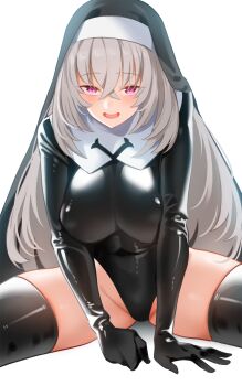 1girl black_veil blue_archive blush breasts collar commentary crossed_bangs grey_hair highleg highleg_leotard highres large_breasts latex latex_leotard latex_thighhighs leotard looking_at_viewer official_alternate_costume open_mouth pan8 purple_eyes sakurako_(blue_archive) sakurako_(justina_uniform)_(blue_archive) solo thighhighs veil white_collar