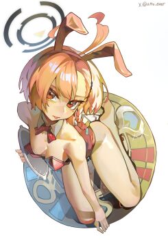 Rule 34 | 1girl, absurdres, animal ear hairband, animal ears, barefoot, blue archive, bow, bowtie, breasts, commentary, detached collar, ever artoria, fake animal ears, hairband, halo, highres, leotard, looking at viewer, mole, mole under eye, neru (blue archive), neru (bunny) (blue archive), pink leotard, playboy bunny, rabbit ear hairband, rabbit ears, red bow, red bowtie, red eyes, solo, strapless, strapless leotard, tongue, tongue out, twitter username