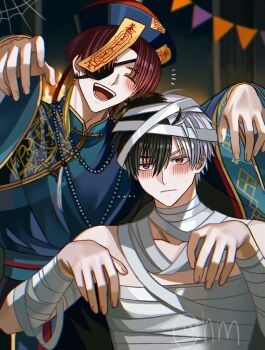 2boys bandage_on_hair bandaged_arm bandaged_chest bandaged_head bandaged_neck bandaged_torso bandages black_hair blush chinese_clothes closed_eyes closed_mouth grey_eyes grey_hair halloween_costume hat hyohls2_(hamao3o) jiangshi jiangshi_costume male_focus multicolored_hair multiple_boys mummy_costume naked_bandage ofuda ofuda_on_head one_eye_closed open_mouth outstretched_arms qingdai_guanmao red_hair sakura_haruka_(wind_breaker) short_hair smile split-color_hair suo_hayato two-tone_hair wind_breaker_(nii_satoru) yellow_eyes zombie_pose