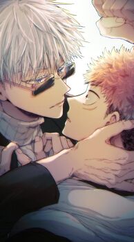 Rule 34 | 2boys, blue eyes, commentary request, face-to-face, glasses, gojou satoru, hand on another's nape, itadori yuuji, jujutsu kaisen, male focus, multicolored hair, multiple boys, nay bb, parted lips, pink hair, rectangular eyewear, rimless eyewear, short hair, sideburns, simple background, sweater, sweater under jacket, turtleneck, turtleneck sweater, two-tone hair, undercut, white background, white hair, yaoi