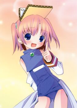 1girl :d bare_shoulders blue_eyes blue_one-piece_swimsuit blush cowboy_shot detached_sleeves hair_between_eyes hand_up hat highres index_finger_raised long_sleeves looking_at_viewer moetan nijihara_ink one-piece_swimsuit open_mouth pink_hair pop_(electromagneticwave) scan school_swimsuit short_hair smile solo swimsuit third-party_source two_side_up white_sleeves yellow_hat