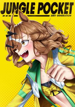 Rule 34 | absurdres, ahoge, animal ears, bandeau, blush, bow, breasts, brown hair, earrings, fang, hair between eyes, hair ornament, hairclip, highres, horse ears, horse girl, jacket, jewelry, jungle pocket (champion's battle cry) (umamusume), jungle pocket (umamusume), long sleeves, manjo (warito), medium hair, notched ear, open clothes, open mouth, shirt, small breasts, stomach, sweat, teeth, umamusume, upper body, yellow bow, yellow eyes, yellow jacket