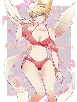 1girl bikini bird_wings blonde_hair blush bracelet breasts breath_of_fire breath_of_fire_iii cleavage commentary_request dated earrings green_eyes jewelry looking_at_viewer maruno medium_breasts midriff navel nina_(breath_of_fire_iii) red_bikini short_hair smile solo swimsuit twitter_username white_wings wings