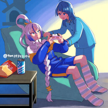 2girls bean_bag_chair blue_eyes blue_hair blue_jacket blue_pants blue_shirt blue_shorts braid can chair chips_(food) commentary controller cut_bangs drink_can food frown game_controller gym_shorts hair_over_shoulder hand_on_another's_arm high_ponytail hirogaru_sky!_precure holding holding_controller holding_game_controller indoors jacket long_hair long_sleeves looking_at_another loose_socks loungewear medium_hair multicolored_hair multiple_girls open_mouth pajamas pants ponytail potato_chips precure shalala_(precure) shirt shorts single_braid socks soda_can sora_harewataru streaked_hair striped_clothes striped_socks sweatdrop ton_(ton39342104) track_jacket twitter_username two-tone_hair very_long_hair white_hair