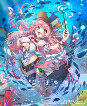 1girl air_bubble bass_clef beamed_eighth_notes bow bowtie breasts bubble cleavage cleavage_cutout clothing_cutout conductor_baton eighth_note fish green_eyes hair_ribbon hat hat_ornament holding_baton konatsu_hare large_breasts leotard long_hair ludwig_(z/x) mermaid monster_girl musical_note musical_staff official_art open_mouth pink_hair ribbon underwear very_long_hair white_leotard white_ribbon z/x