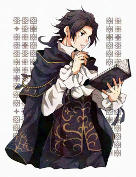 Rule 34 | 1boy, adversarial noise, ascot, black hair, book, cloak, closed mouth, commentary request, cyrus albright, highres, holding, holding book, male focus, octopath traveler, octopath traveler i, ponytail, purple cloak, purple outfit, reading, satsuki (chaosmode), short hair, simple background, white ascot