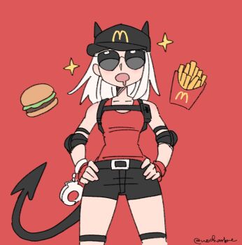 1girl black_horns black_tail breasts burger cuffs demon_girl demon_horns demon_tail elbow_pads fast_food fingerless_gloves food french_fries gloves handcuffs helltaker highres horns horns_through_headwear justice_(helltaker) mcdonald's medium_hair noah_(tettsui-sole) red_background red_gloves red_shirt saliva shirt shorts sleeveless sleeveless_shirt solo sparkle sunglasses tail twitter_username white_hair