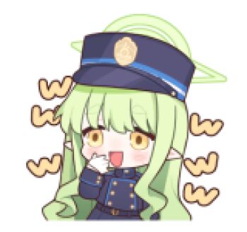 1girl animated animated_png blue_archive chibi chibi_only gloves green_hair green_halo halo hat hikari_(blue_archive) jacket laughing line_sticker_available long_hair looking_at_viewer lowres non-repeating_animation non-web_source official_art open_mouth peaked_cap pointy_ears simple_background smile solo spoken_www train_conductor transparent_background white_gloves yellow_eyes