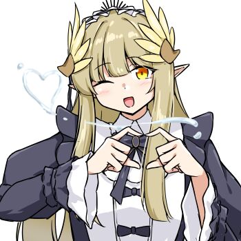 1girl ;d absurdres alternate_costume arknights black_shirt blonde_hair blush commentary_request elf enmaided four-finger_heart_hands hair_ornament heart heart_hands highres hydrokinesis long_hair long_sleeves magic maid muelsyse_(arknights) one_eye_closed open_mouth partial_commentary pointy_ears shirt simple_background smile solo water white_background white_shirt xibu_cai yellow_eyes