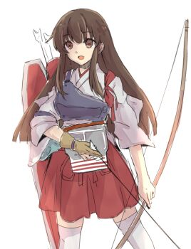 Rule 34 | 10s, 1girl, akagi (kancolle), arrow (projectile), bad id, bad pixiv id, bow (weapon), brown eyes, brown hair, female focus, gloves, hakama, hakama short skirt, hakama skirt, hiki-wota, japanese clothes, kantai collection, long hair, muneate, open mouth, partially fingerless gloves, partly fingerless gloves, personification, sketch, skirt, solo, tasuki, thighhighs, weapon, yugake