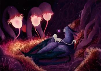 black_eyes blue_feathers blue_wings body_fur closed_mouth fantasy feathers firealpaca_(medium) folded_wings fraid grass harpy highres jejejunum looking_at_object lying monster monster_girl nethermare on_stomach orange_grass orb original plant plant_roots purple_feathers red_grass secret_(jejejunum) solid_circle_eyes whisper_(jejejunum) white_fur wings