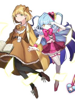 2girls absurdres akaimo_(akaimokou) belt belt_pouch black_belt black_pantyhose blonde_hair blue_hair bob_cut book bow bowtie braid brooch brown_bow brown_bowtie brown_dress brown_shoes coat collared_shirt crown_braid dress floating floating_object full_body garter_straps gradient_hair green_eyes hair_bow hair_ornament heart heart_hair_ornament highres jewelry layered_skirt library_of_ruina lobotomy_corporation long_hair looking_at_viewer multicolored_hair multiple_girls one_eye_closed open_book pantyhose paper pink_bow pink_bowtie pink_nails pink_shirt pink_shoes pink_skirt pink_vest pouch project_moon queen_of_hatred shirt shoes short_hair simple_background single_wrist_cuff skirt sleeveless smile standing standing_on_one_leg thighhighs tiphereth_a_(project_moon) two_side_up v v_over_eye very_long_hair vest white_background white_shirt white_thighhighs wrist_cuffs yellow_coat yellow_eyes