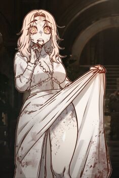 1girl blood blood_from_mouth blood_on_clothes blood_on_hand blood_on_mouth bloody_clothes bloody_dress breasts capcom colored_sclera commentary dress english_commentary flashing flashing_at_viewer flashing_viewer highres legs long_hair looking_at_viewer makeup masgamjya open_mouth pale_skin presenting_legs resident_evil resident_evil_requiem runny_makeup selena_corey short_hair solo standing twitter undead white_dress white_eyes white_hair wide_mouth zombie zombie_girl