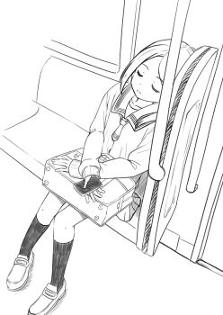 1girl absurdres bag black_socks cellphone closed_eyes collarbone commentary_request dot_nose forehead from_above highres holding holding_bag holding_phone kneehighs lineart loafers monochrome necktie negimiso1989 open_mouth original parted_lips phone pleated_skirt sailor_collar school_bag school_uniform serafuku shoes simple_background single_sidelock sitting skirt sleeping sleeves_past_wrists smartphone socks solo train_interior white_background