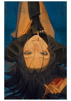 Rule 34 | 1girl, 1other, absurdres, bare legs, barefoot, black eyes, black hair, black shoes, border, chinese commentary, cigarette, cigarette pack, closed mouth, commentary request, foot on another's stomach, hair spread out, highres, holding, holding cigarette pack, long hair, looking at viewer, lying, mole, mole under eye, mole under mouth, mouth hold, no pants, on back, original, out of frame, seapall, shoelaces, shoes, smoking, solo focus, upside-down, white border