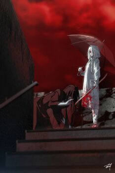 Rule 34 | 1boy, 1girl, absurdres, adashino adami, bandaged leg, bandages, bbabbamis2, blood, blood on clothes, blood on face, crawling, crowbar, hair over one eye, highres, holding, holding crowbar, holding umbrella, homicipher, hood, hood up, japanese clothes, kimono, long hair, looking at viewer, mr. crawling, outdoors, raincoat, red eyes, red sky, sky, stairs, umbrella, very long hair, white hair, white raincoat