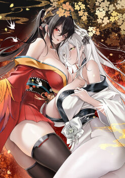 2girls absurdres azur_lane bare_shoulders bird_mask black_hair black_thighhighs breast_on_breast breasts hair_between_eyes hair_intakes hakuhou_(azur_lane) highres huge_breasts japanese_clothes kimono large_breasts long_bangs long_hair long_hair_between_eyes looking_at_viewer mask mask_on_head miniskirt multiple_girls off_shoulder oxygen_mask_(oxygenmask233) pantyhose red_eyes red_kimono skirt smile taihou_(azur_lane) thighhighs twintails white_hair white_kimono white_pantyhose
