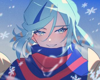 1boy aqua_eyes aqua_hair blue_scarf blurry blush commentary_request day eyelashes grin grusha_(pokemon) hair_between_eyes happy highres jacket male_focus mocacoffee_1001 nintendo outdoors pokemon pokemon_sv scarf signature smile snowflakes solo striped_clothes striped_scarf teeth upper_body yellow_jacket