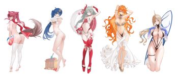 5girls absurdres ahoge alternate_costume arm_up armor arms_behind_head arms_up ass augusta_(wuthering_waves) ball bare_legs bare_shoulders barefoot beachball bikini black_bikini black_collar blonde_hair blue_eyes blue_hair blue_hands braid breastplate breasts clothing_cutout collar colored_extremities colored_inner_hair commentary cone_hair_bun english_commentary eyepatch fleurdelys_(wuthering_waves) gluteal_fold gold_bra grey_hair groin hair_between_eyes hair_bun hairband hands_up highleg highleg_bikini highres hip_vent holding holding_ball holding_beachball holding_swim_ring horns innertube iuno_(wuthering_waves) jewelry kneeling large_breasts legs long_hair long_horns long_skirt looking_at_viewer low-braided_long_hair low-tied_long_hair lupa_(wuthering_waves) medium_breasts multicolored_hair multiple_girls navel necklace open_mouth orange_hair phrolova_(wuthering_waves) pink_hair sand_castle sand_sculpture side_ponytail single_horn skirt smile stirrup_legwear stomach swim_ring swimsuit tacet_mark_(wuthering_waves) tail thighhighs thighs toeless_legwear twintails white_bikini white_hairband white_skirt white_thighhighs wolf_tail wuthering_waves xsatoh yellow_horns