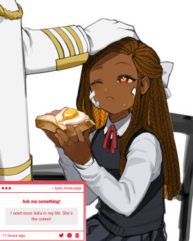 1boy 1girl alexander_(kyou) bacon bandaid bandaid_on_face black_skirt black_sweater_vest bow bread bread_slice brown_hair chair child colored_inner_hair colored_sclera cracked_skin dark-skinned_female dark_skin dreadlocks eating egg_(food) egg_yolk food gilgamesh_(kyou) hair_bow headpat holding holding_food kyou_(iuciferic) long_hair long_sleeves looking_up military_uniform multicolored_hair one_eye_closed orange_hair original red_sclera ribbon shirt sitting skirt solo_focus strawpage sweater_vest toast white_bow white_shirt yellow_eyes
