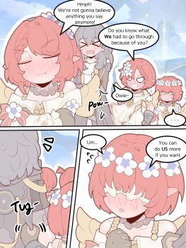 &gt;_&lt; ... 4girls ^^^ absurdres aftersex angry blindfold blush braid clenched_teeth closed_eyes dress english_text flower hair_between_eyes hair_flower hair_ornament hairband highres honkai:_star_rail honkai_(series) long_hair multiple_girls off_shoulder physisyoon pointy_ears pout red_hair shared_sense shirt short_hair shy speech_bubble stelle_(honkai:_star_rail) teeth trailblazer_(honkai:_star_rail) trianne_(honkai:_star_rail) tribbie_(honkai:_star_rail) trinnon_(honkai:_star_rail) white_dress white_shirt wings wreath yuri