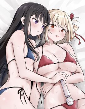2girls bikini black_hair blonde_hair blue_bikini blush bob_cut breasts choppy_bangs closed_mouth commentary_request dildo hair_ribbon hand_on_own_stomach highres hitachi_magic_wand holding holding_sex_toy inoue_takina kitaku_(nakamachi_machi) large_breasts long_hair lycoris_recoil lying multiple_girls nishikigi_chisato on_back on_side open_clothes parted_lips purple_eyes raised_inner_eyebrows red_eyes red_ribbon ribbon sex_toy short_hair side-tie_bikini_bottom small_breasts string_bikini sweat swimsuit untied_bikini vibrator yuri